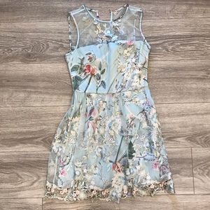 Bebe sheer embroidered dress blue